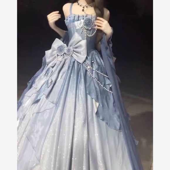 Dresses & Skirts - Elegant Blue Gown with Floral Accents